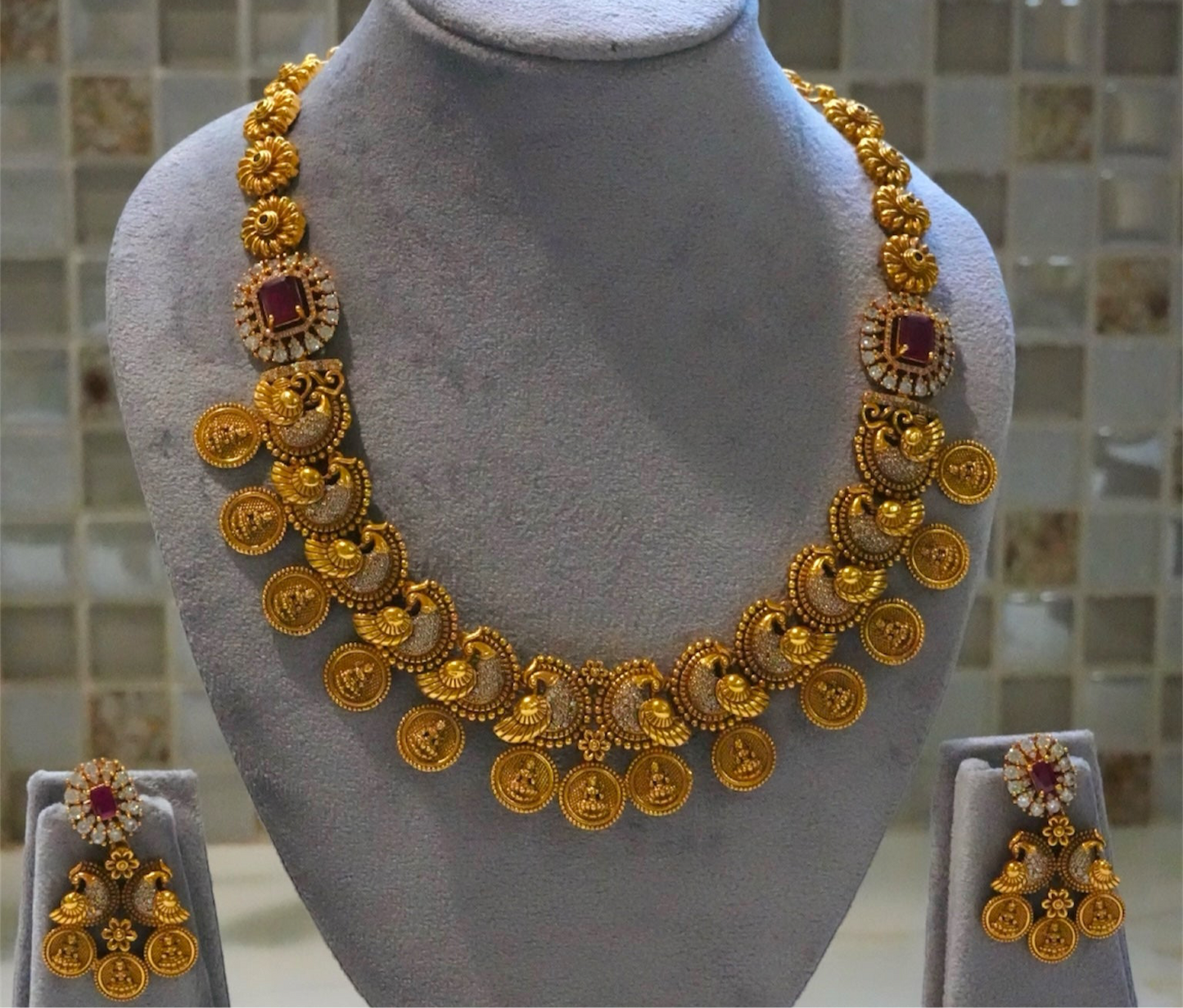 Traditional Ruby-Hue & Gold Coin Motif Necklace Set