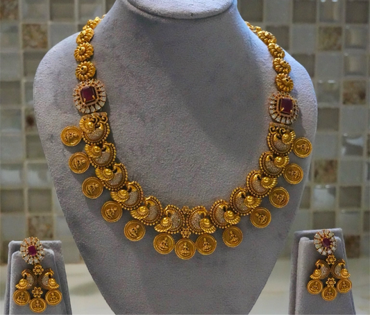 Traditional Ruby-Hue & Gold Coin Motif Necklace Set