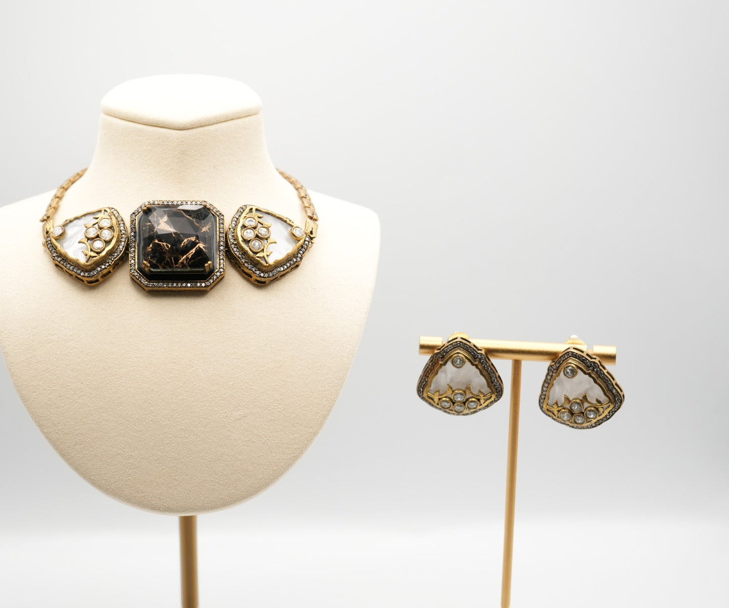 Elegant Gold-Tone Statement Necklace and Earring Set with Mother-of-Pearl and Black Stone Accents