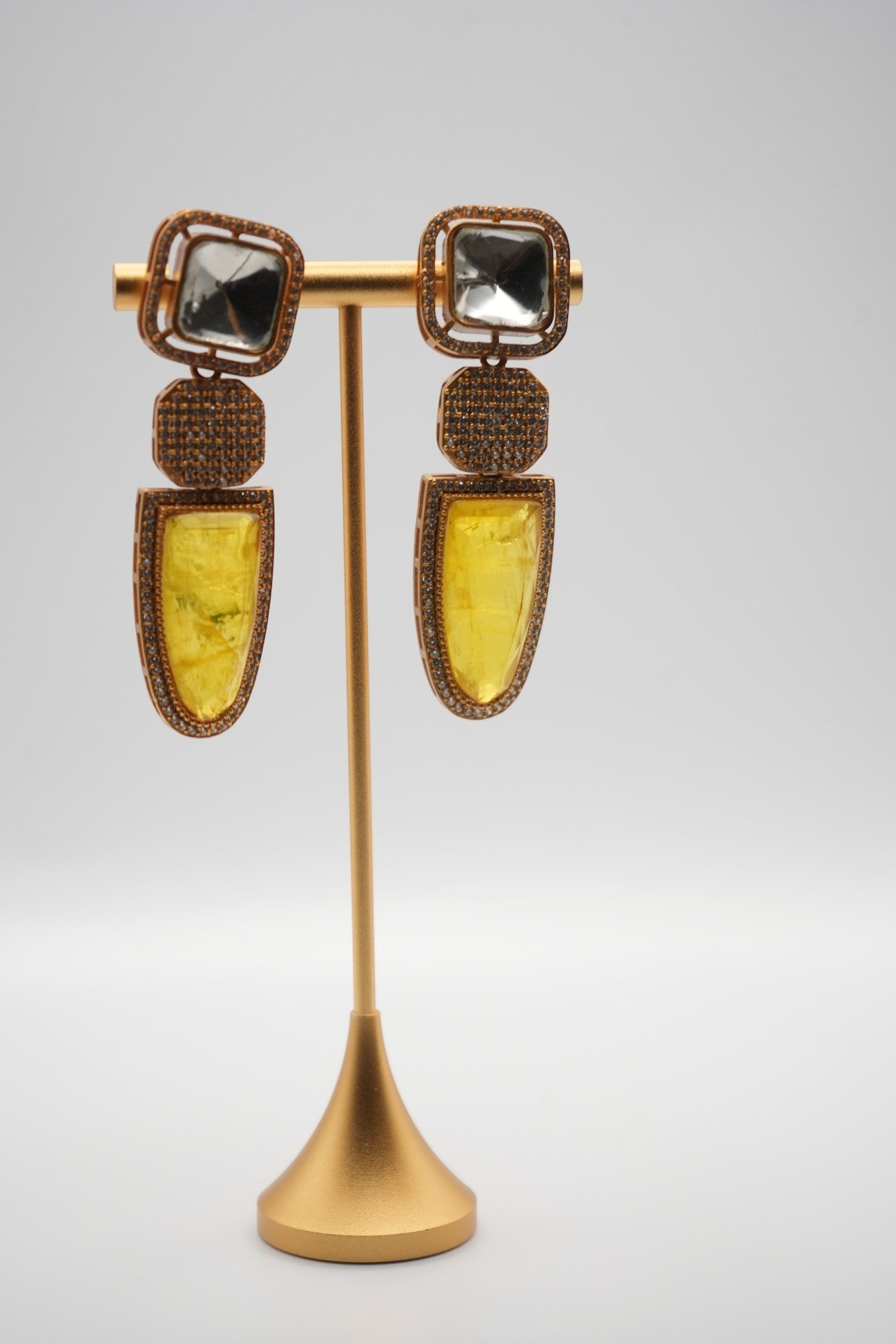 Citrine Cascade: Geometric Gem and Crystal Drop Earrings