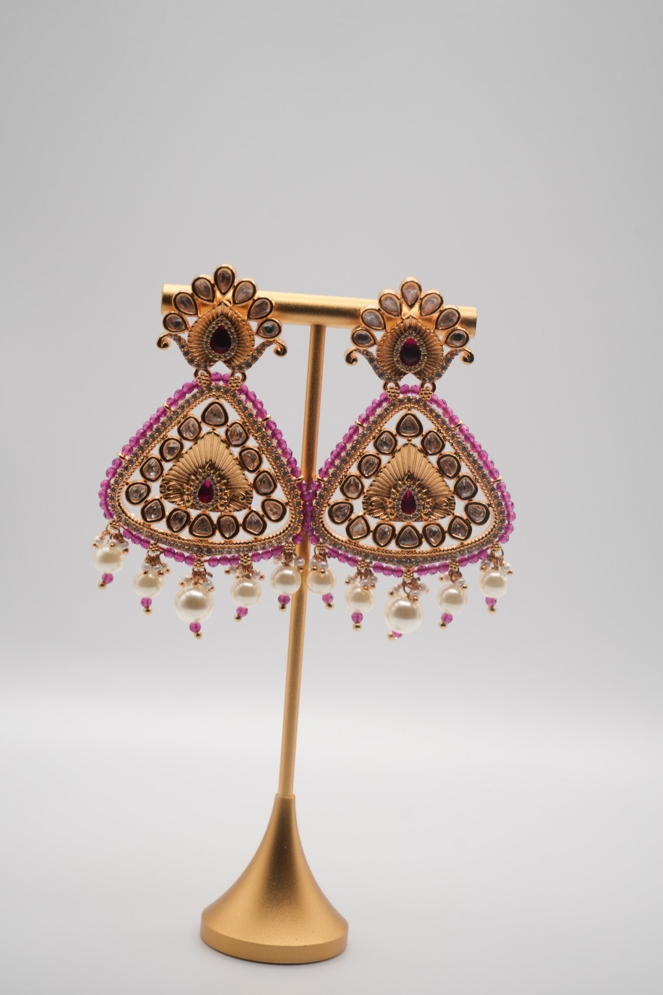 Ruby Radiance: Polki Kundan Chandbali Earrings with Pink Accents