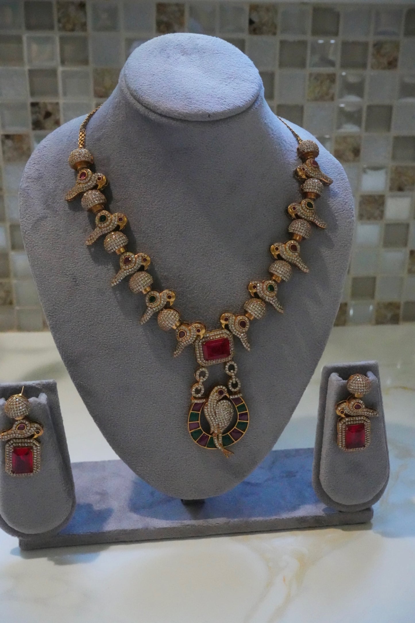 Regal Ruby & CZ Bird Motif Necklace Set
