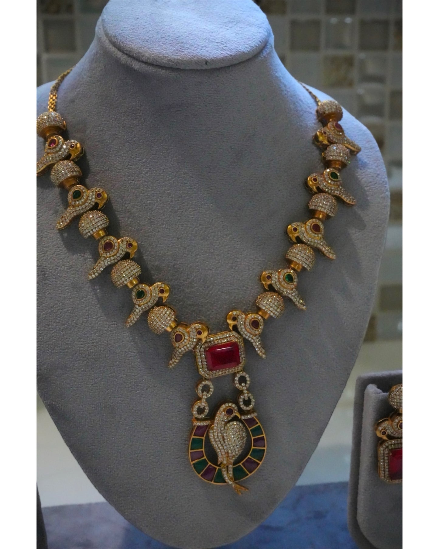 Regal Ruby & CZ Bird Motif Necklace Set