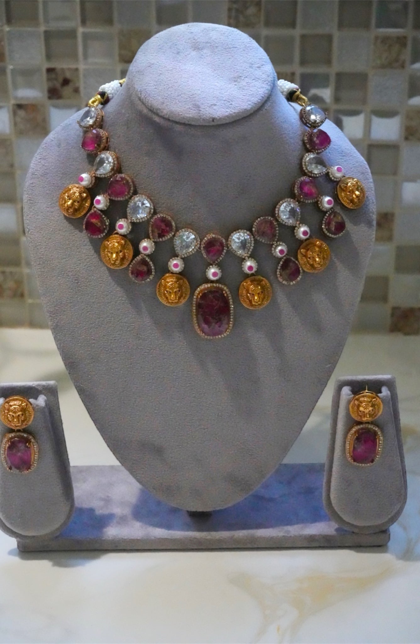 Regal Ruby & Lion Head Gold-Tone Necklace Set