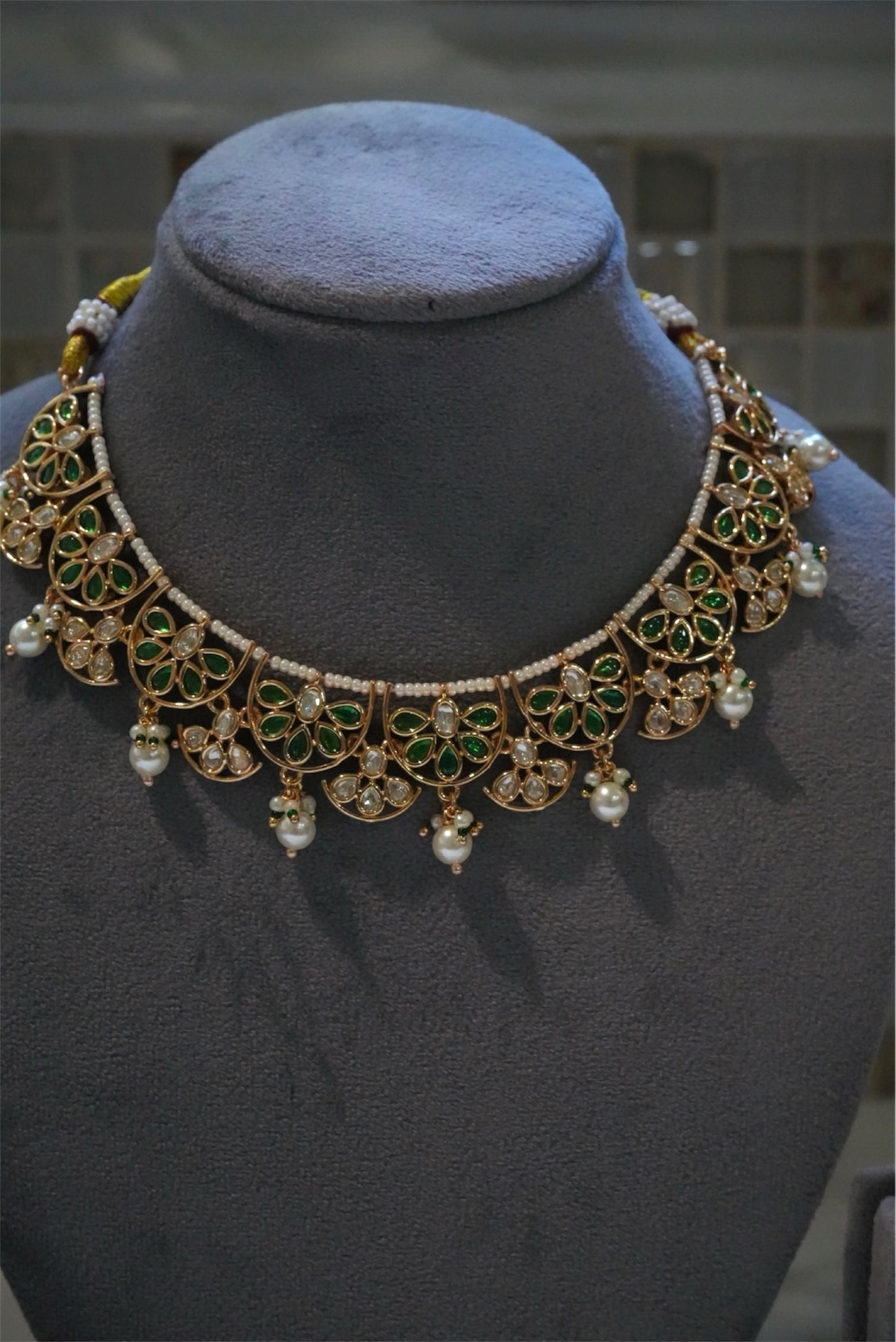 Emerald Green & Pearl Gold-Plated Choker Necklace Set