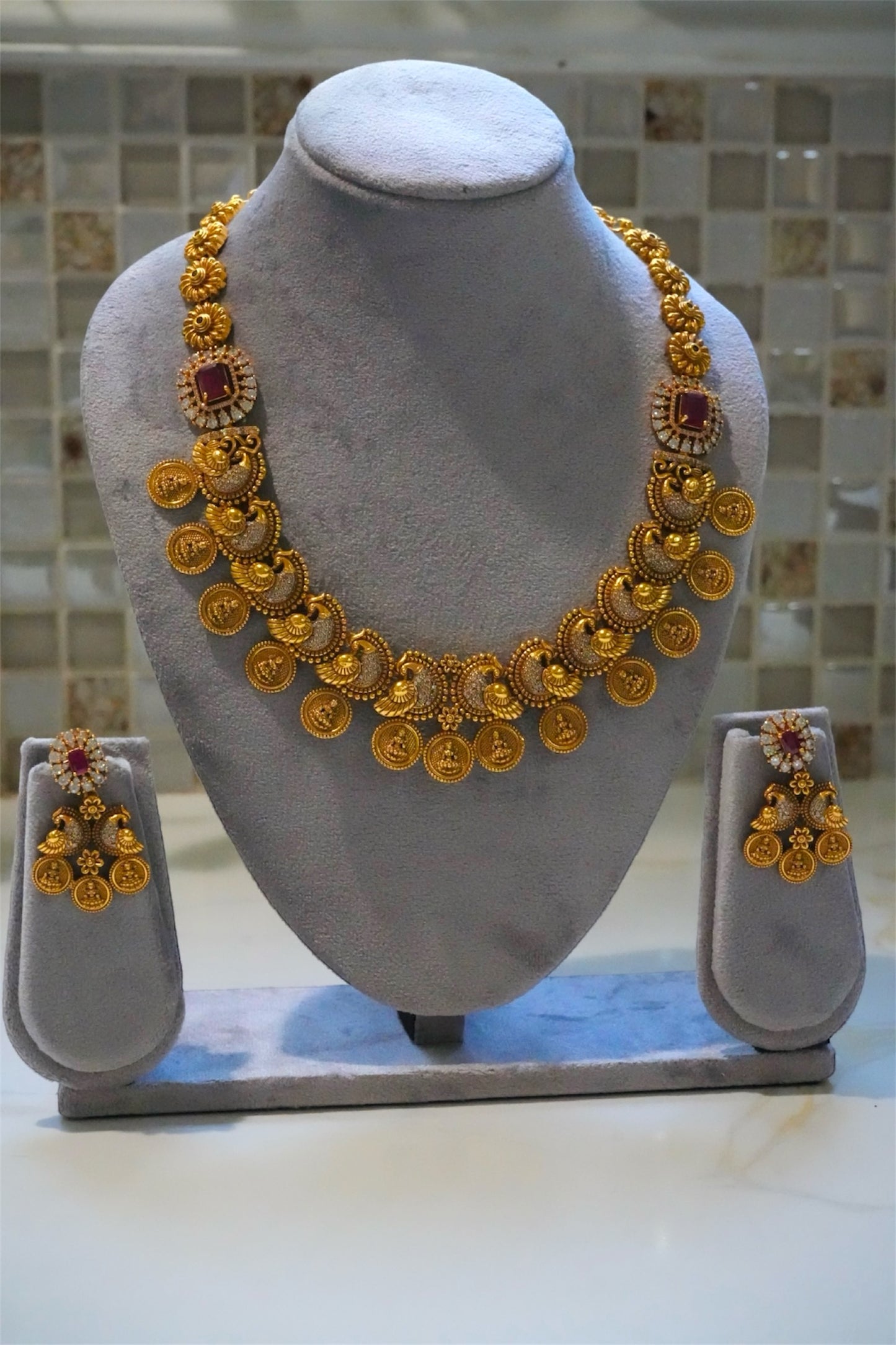 Traditional Ruby-Hue & Gold Coin Motif Necklace Set