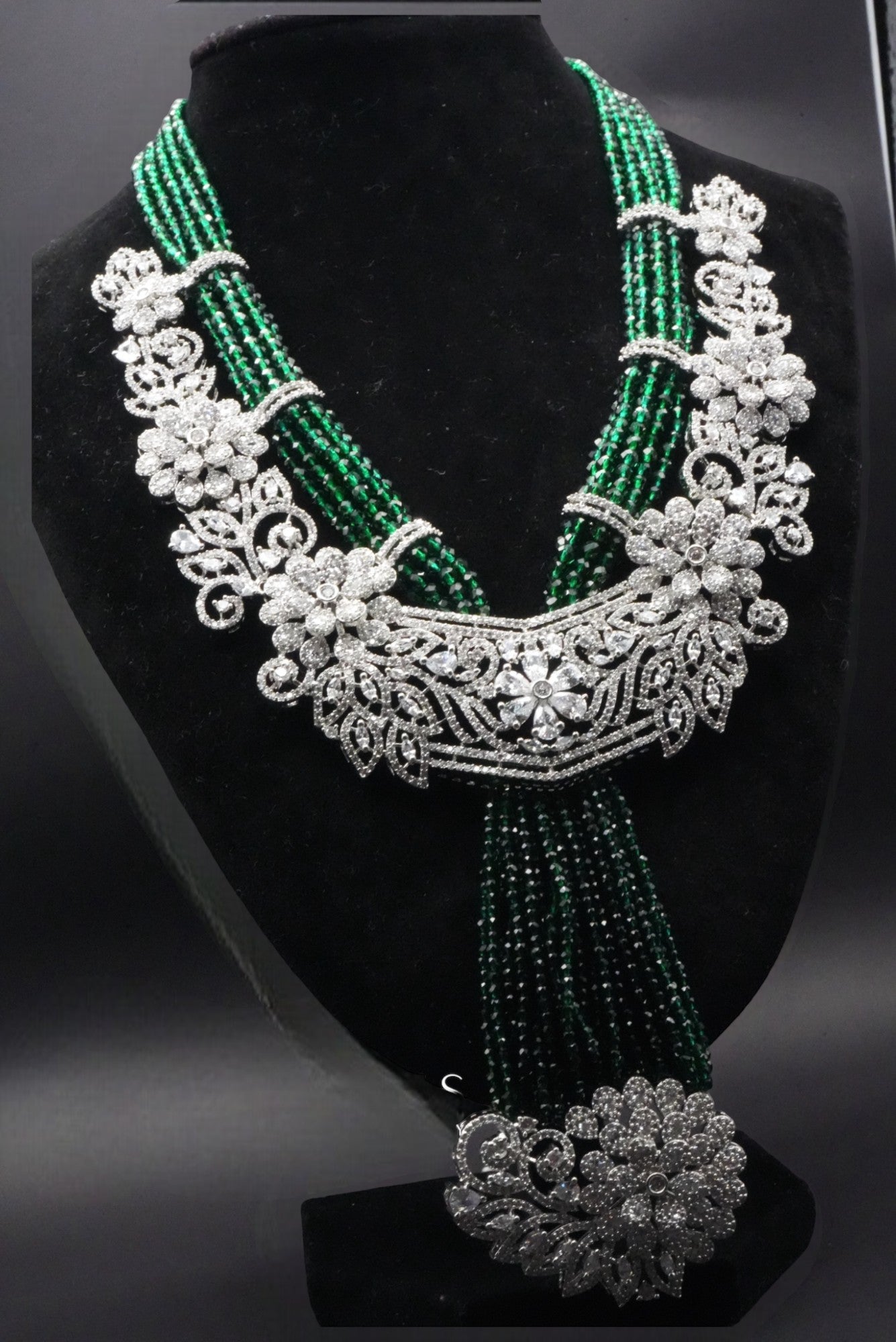 Regal Green Bead and CZ Stones Floral Necklace Set