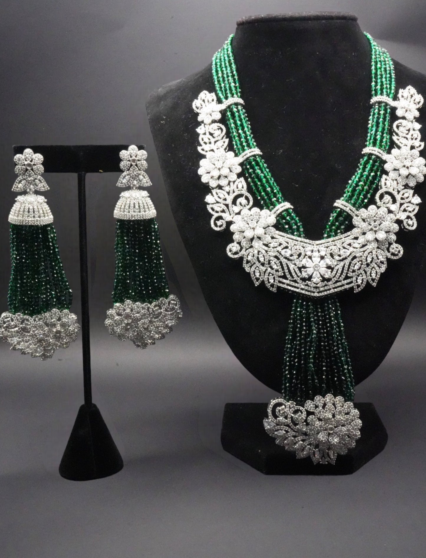 Regal Green Bead and CZ Stones Floral Necklace Set
