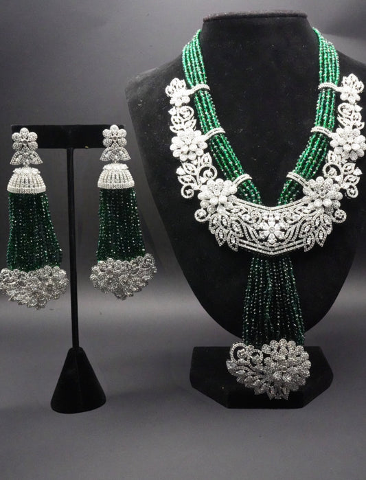Regal Green Bead and CZ Stones Floral Necklace Set