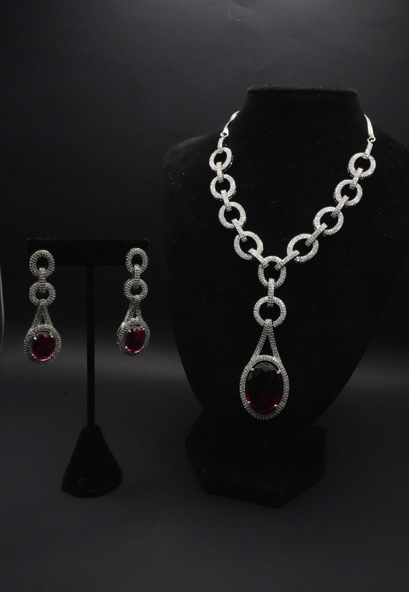 Regal Crimson Gemstone Silver Necklace and Earrings Set