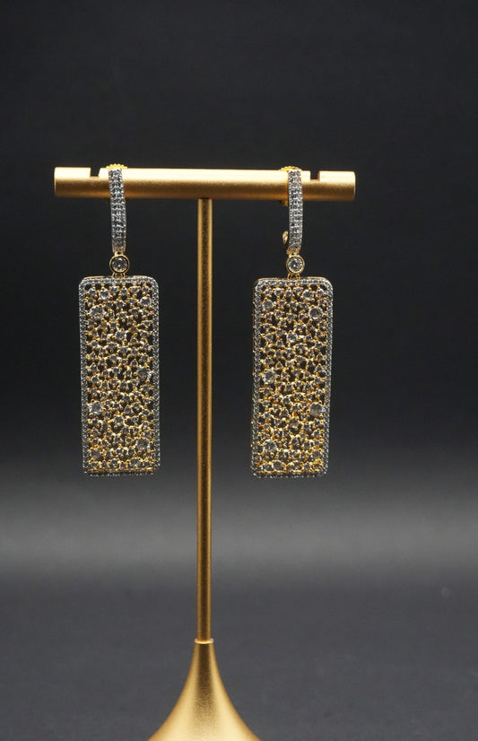 Elegant Gold coated and Silver Rectangular Dangle Earrings with Intricate Crystal Detailing