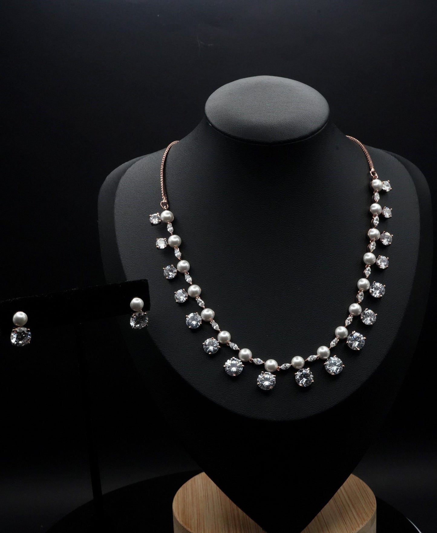 Rose Gold-Tone Necklace and Earring Set with Pearls and Cubic Zirconia Accents