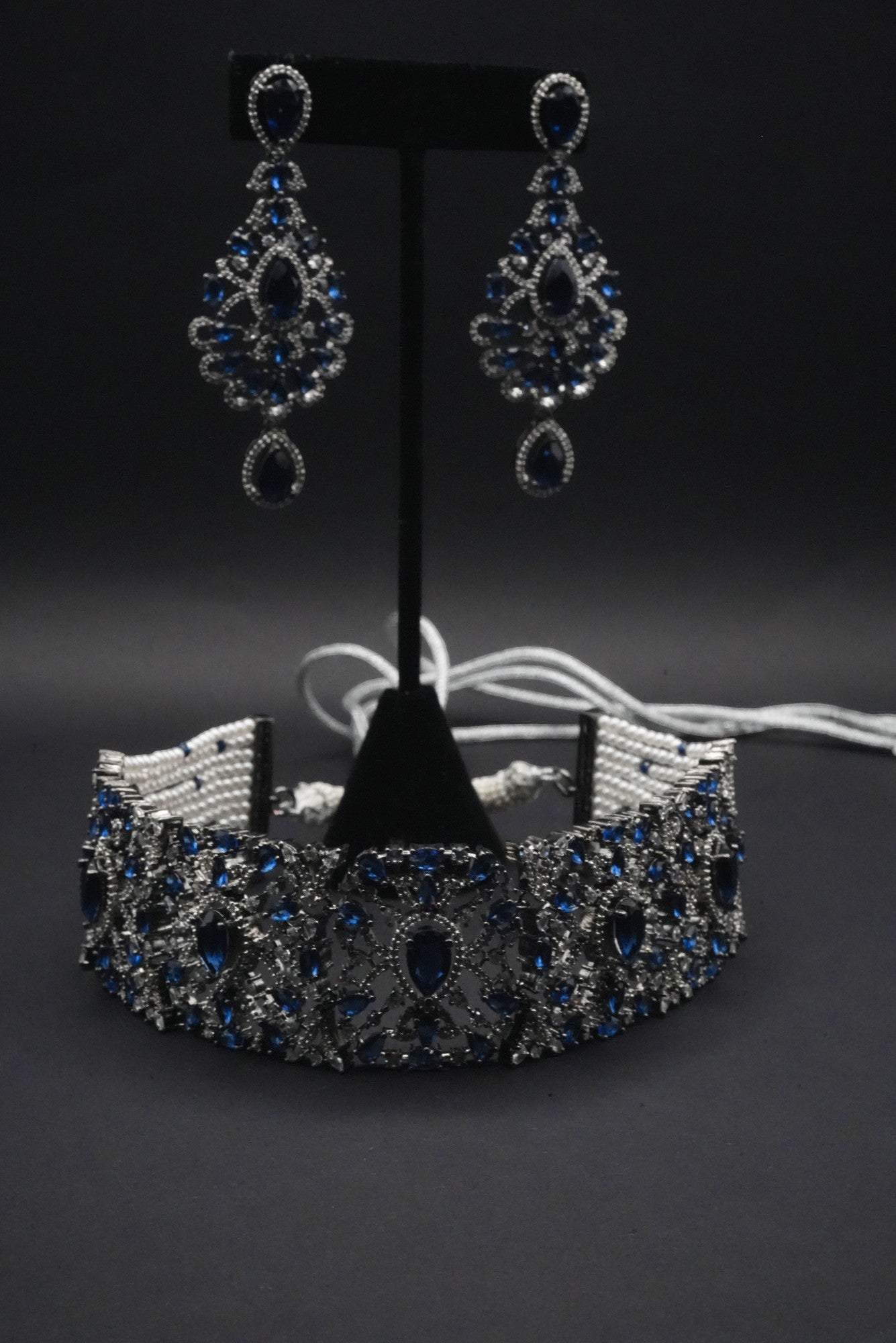 Midnight Majesty Sapphire and CZ Crystals Simulant Necklace and Earrings Set