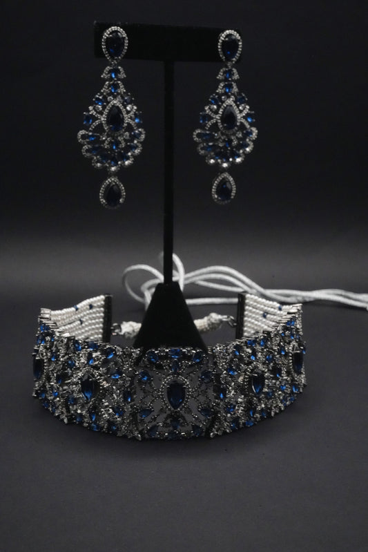 Midnight Majesty Sapphire and CZ Crystals Simulant Necklace and Earrings Set
