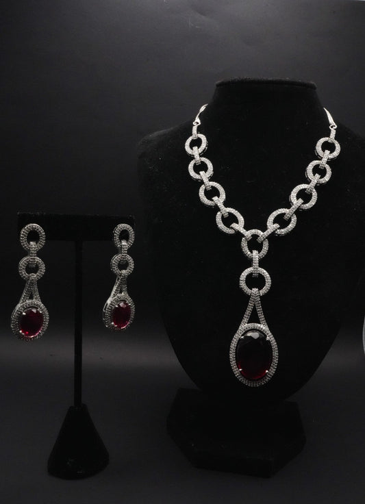 Regal Crimson Gemstone Silver Necklace and Earrings Set