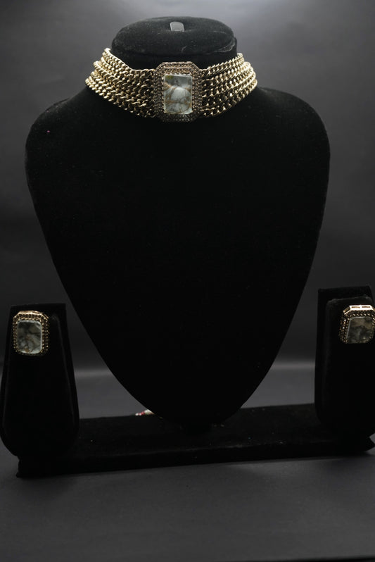 Statement Stone Choker Necklace and Earring Set in Ash White and Gold