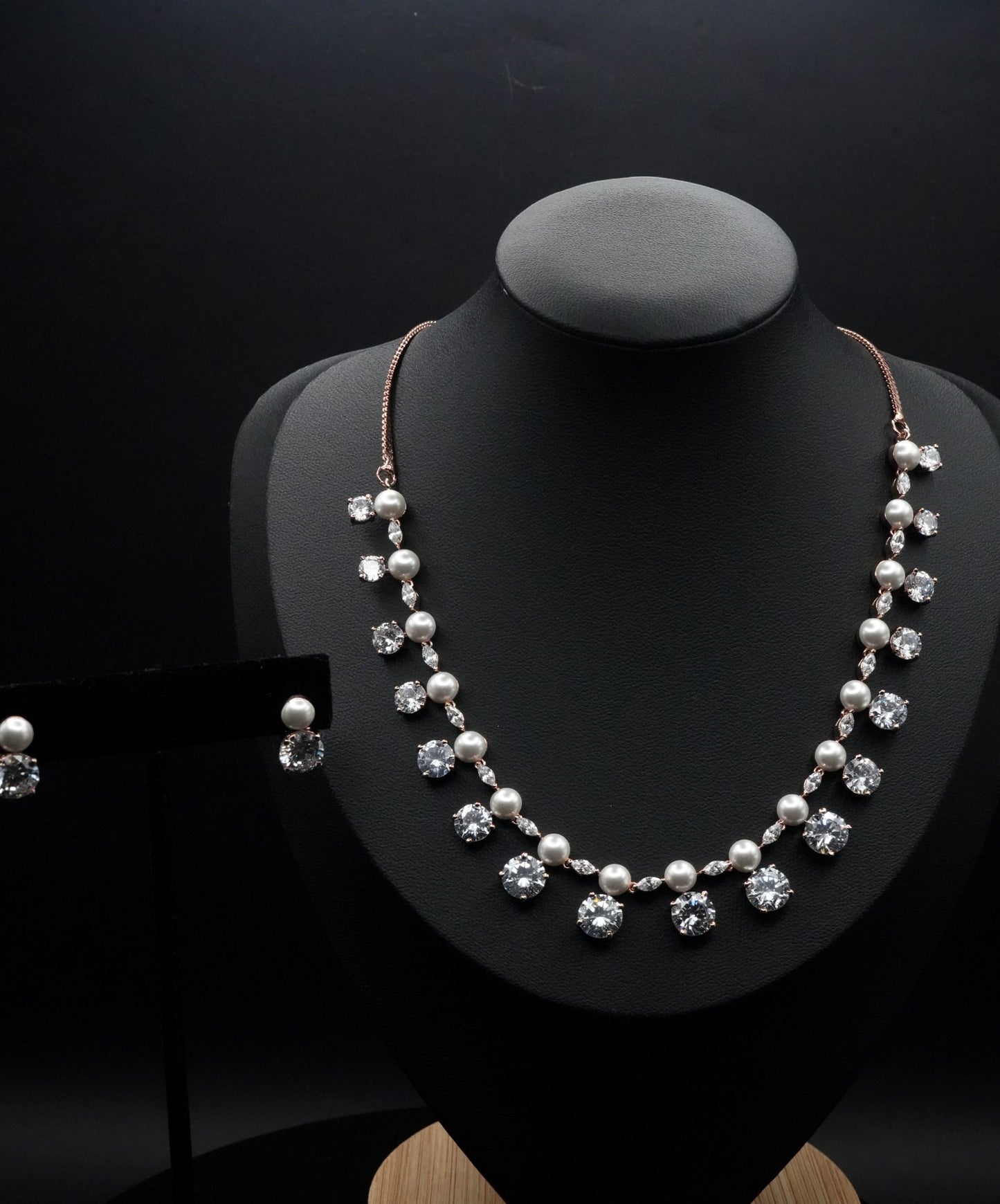 Rose Gold-Tone Necklace and Earring Set with Pearls and Cubic Zirconia Accents
