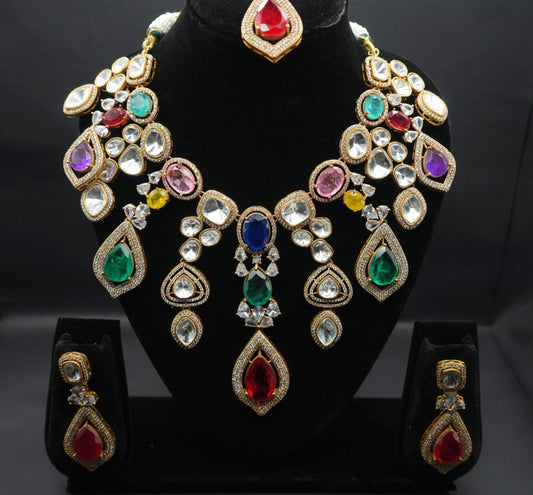 Rainbow Majesty: Kundan-Inspired Gemstone Necklace, Earrings & Tikka Set