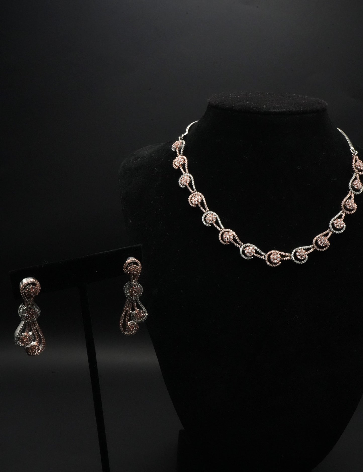 Rose Gold Elegance - CZ Stones Halo Necklace and Drop Earrings Set