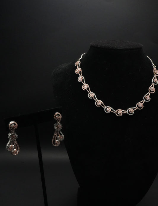 Rose Gold Elegance - CZ Stones Halo Necklace and Drop Earrings Set