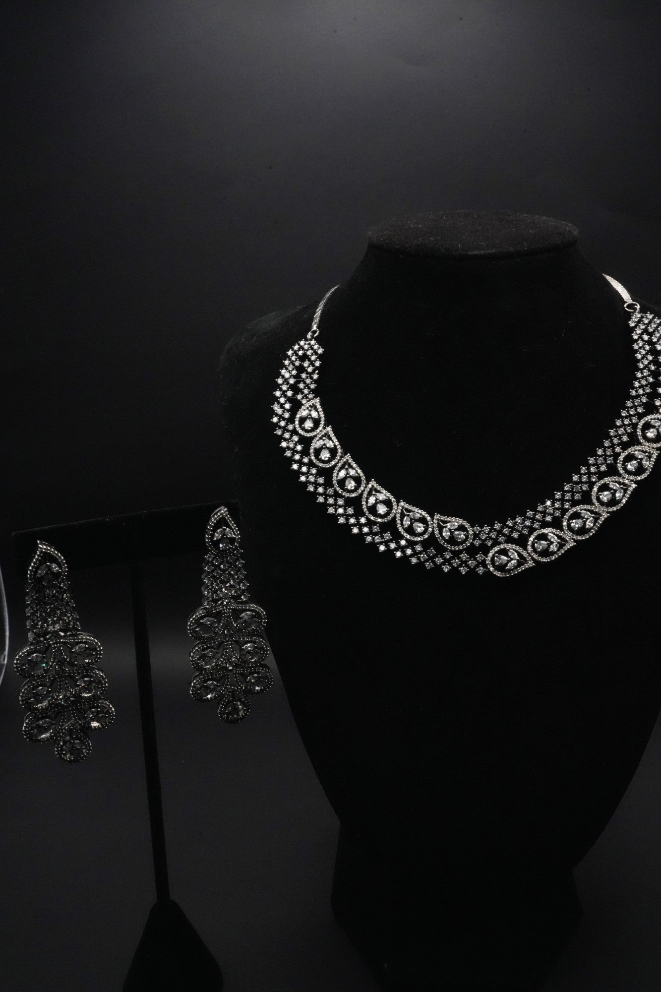 Vintage Noir CZ Stones Simulant Necklace and Earrings Set