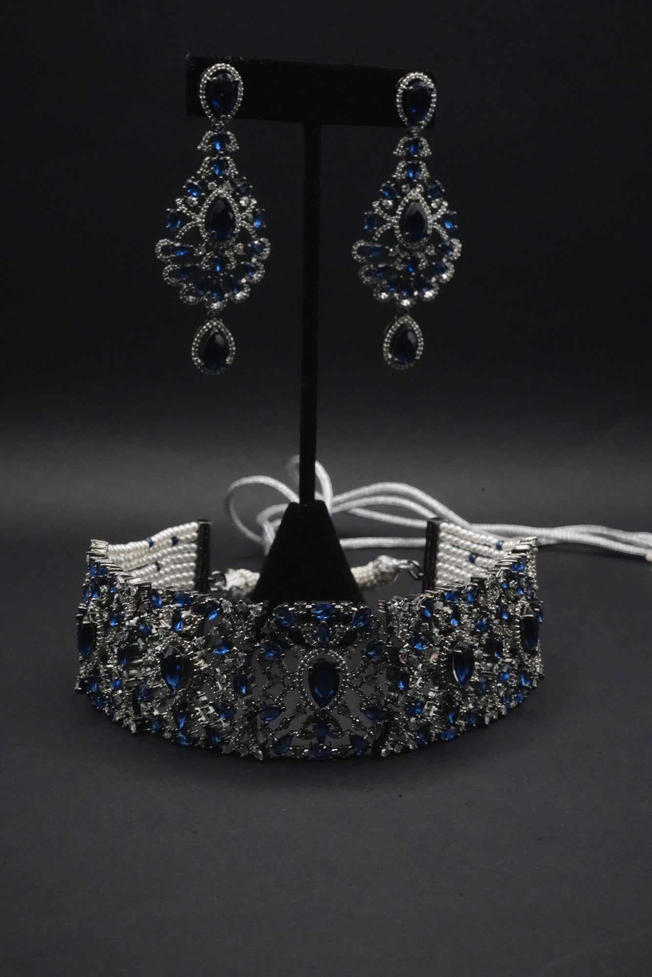 Midnight Majesty Sapphire and CZ Crystals Simulant Necklace and Earrings Set