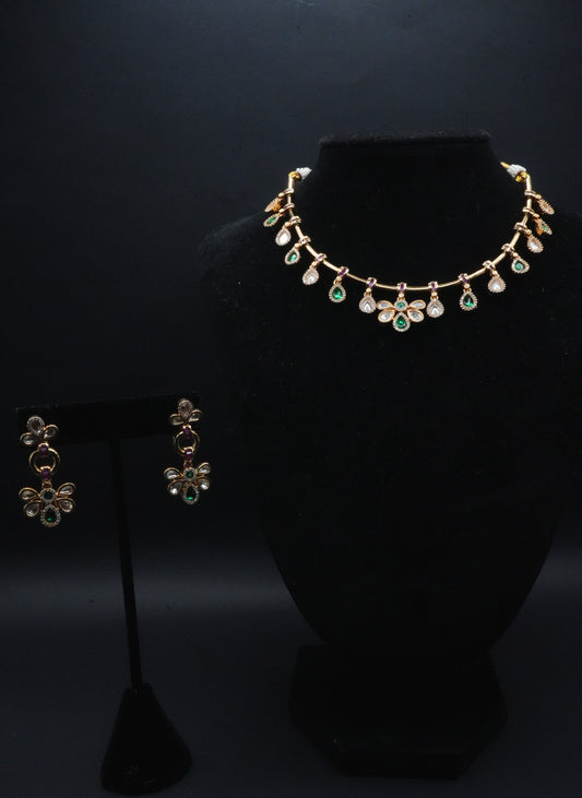 Radiant Green and white Rhinestones  Floral Necklace Set