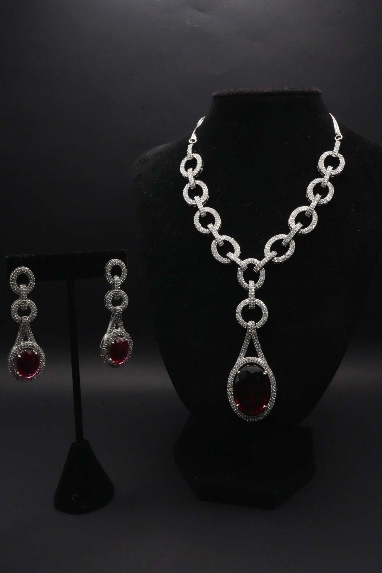 Regal Crimson Gemstone Silver Necklace and Earrings Set