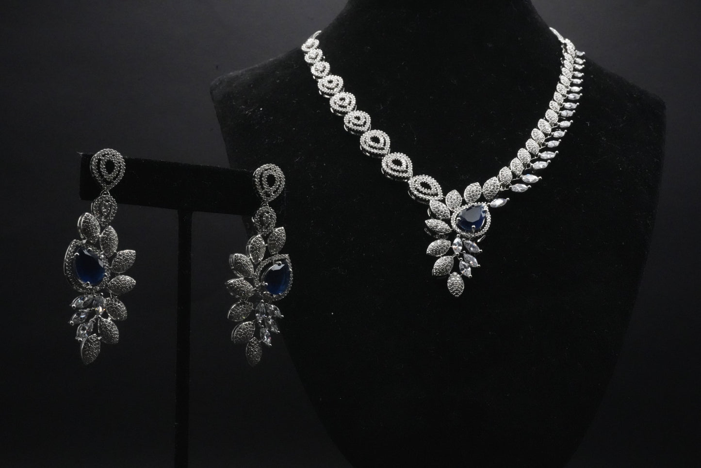 Sapphire and CZ Crystals Leaf Ensemble
