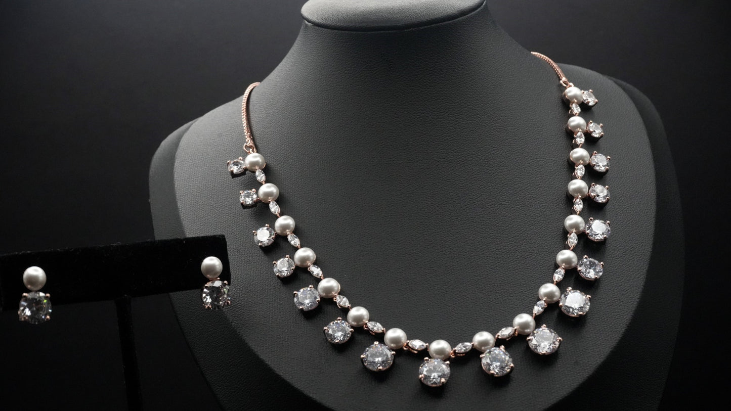 Rose Gold-Tone Necklace and Earring Set with Pearls and Cubic Zirconia Accents