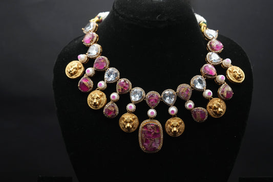 Regal Radiance: Gemstone and Lion Motif Necklace & Earring Set