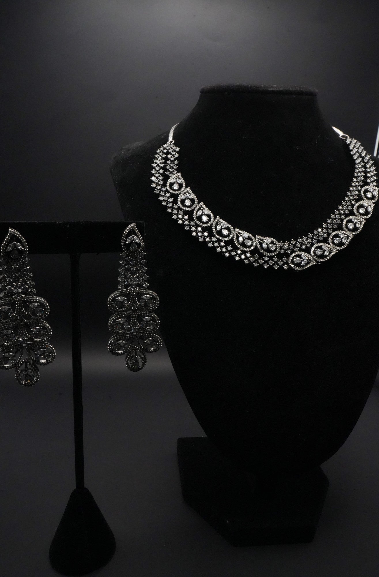 Vintage Noir CZ Stones Simulant Necklace and Earrings Set