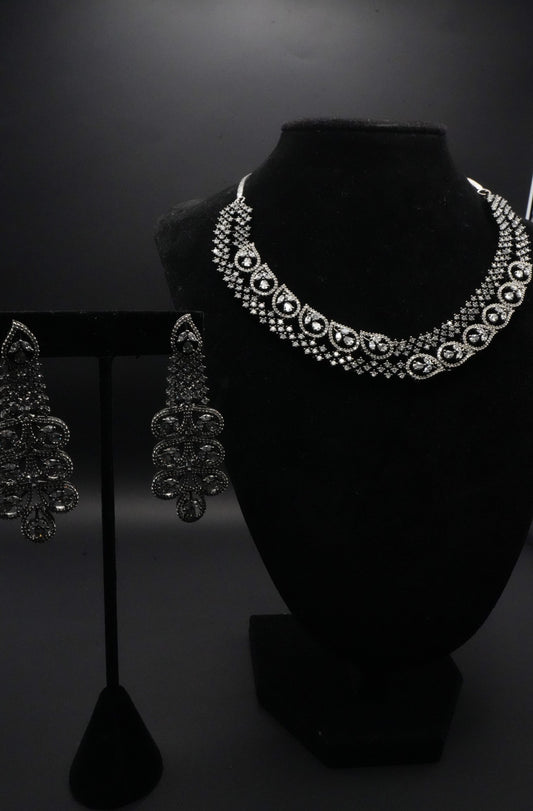 Vintage Noir CZ Stones Simulant Necklace and Earrings Set