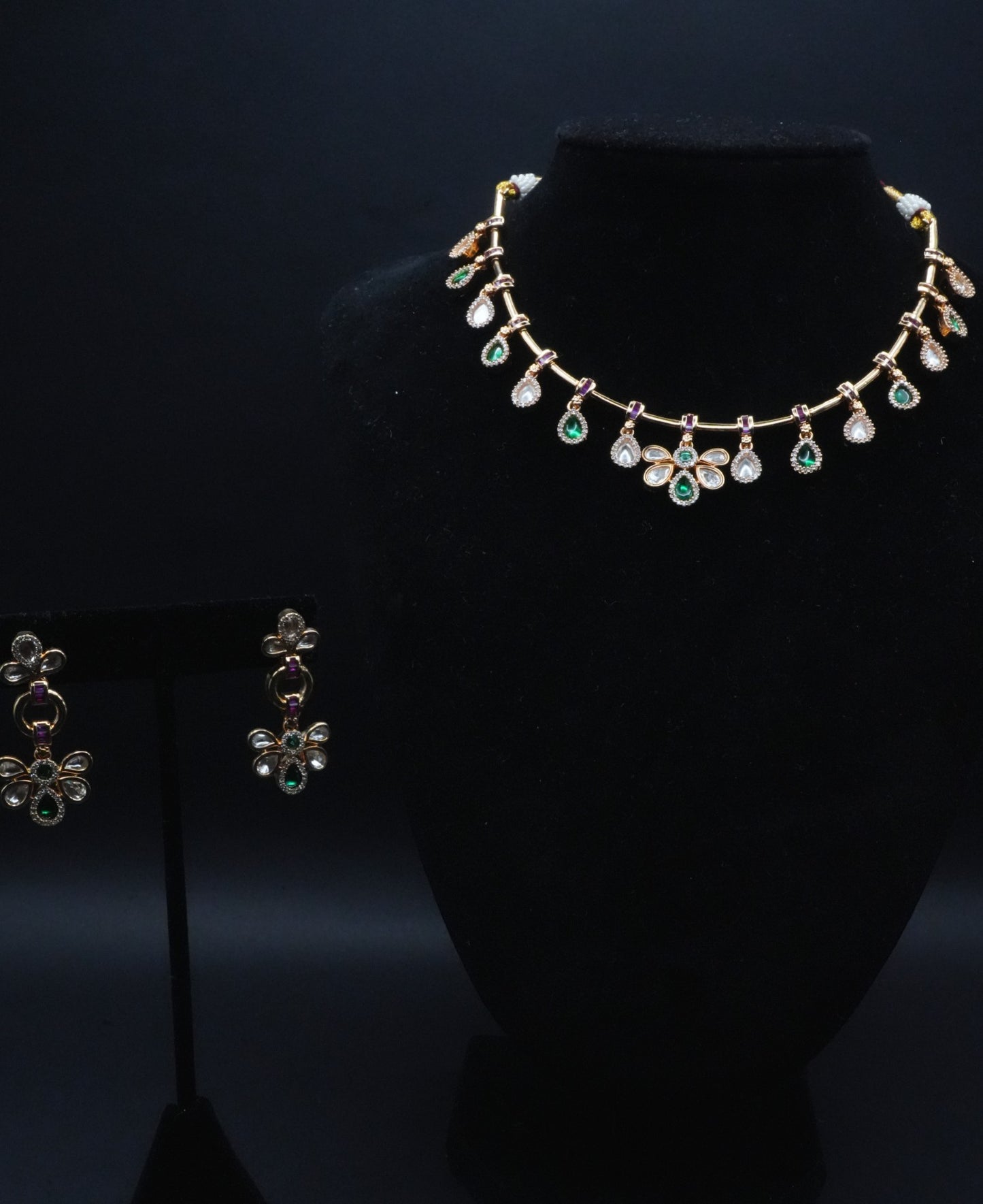 Radiant Green and white Rhinestones Floral Necklace Set