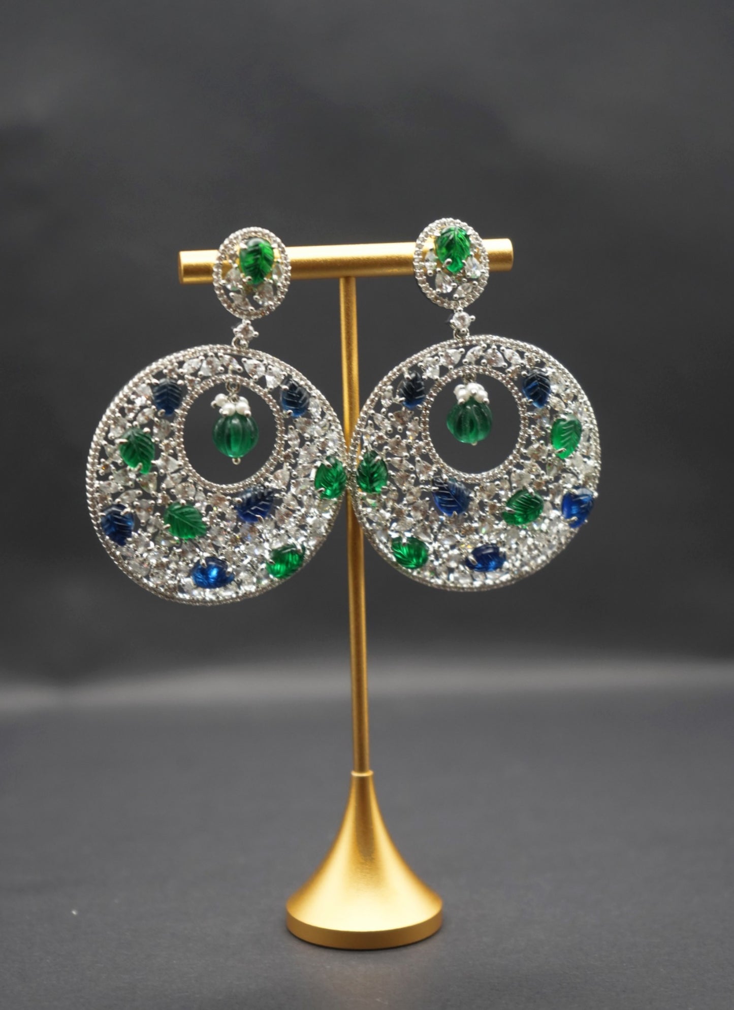 Bold Crystal Circle Earrings with Green and Blue Accents