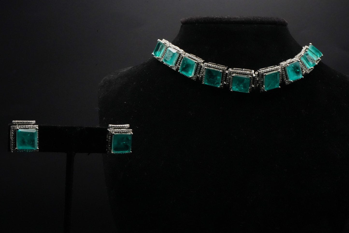 Elegant Teal Square Cut Necklace and Earrings Set
