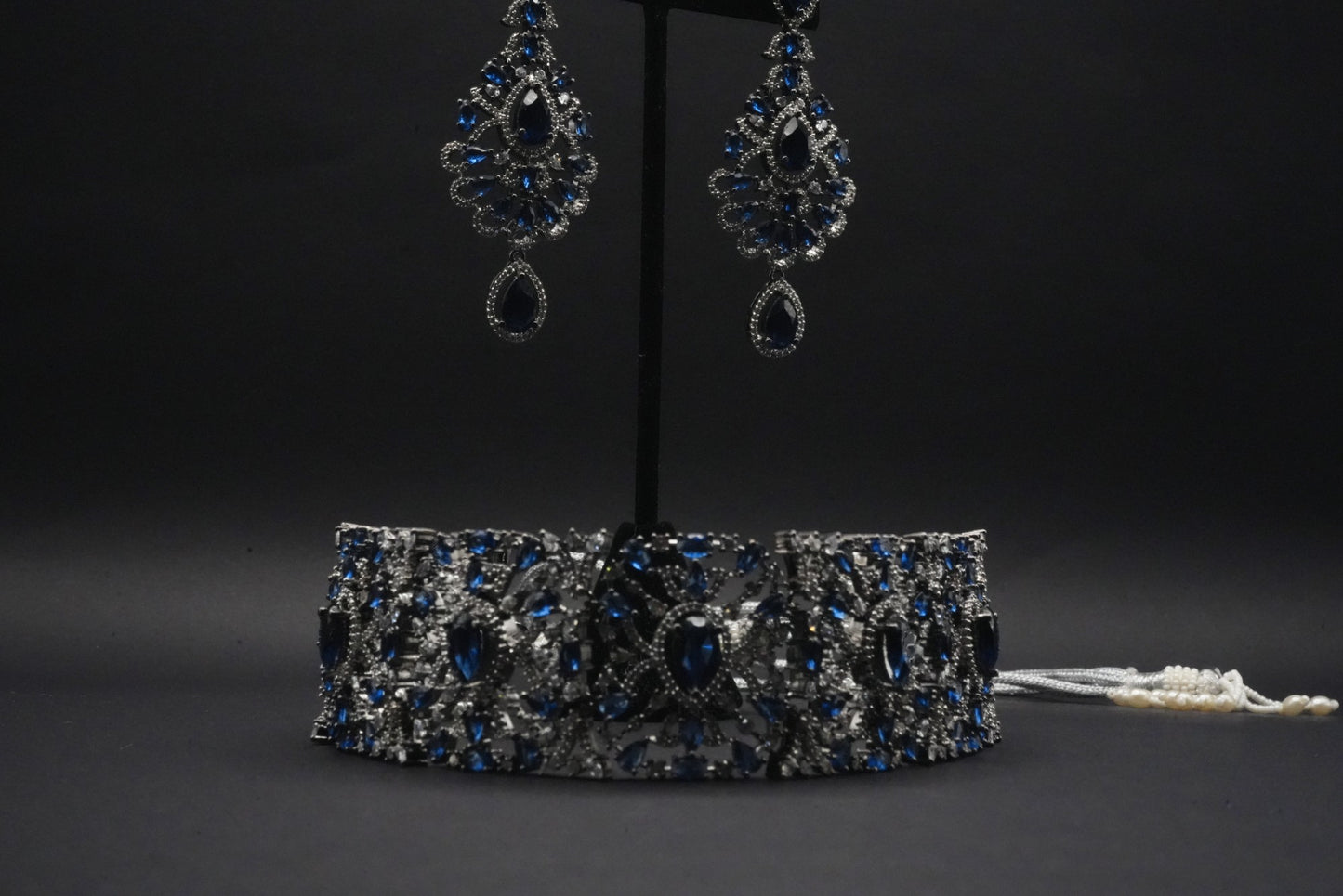 Midnight Majesty Sapphire and CZ Crystals Simulant Necklace and Earrings Set