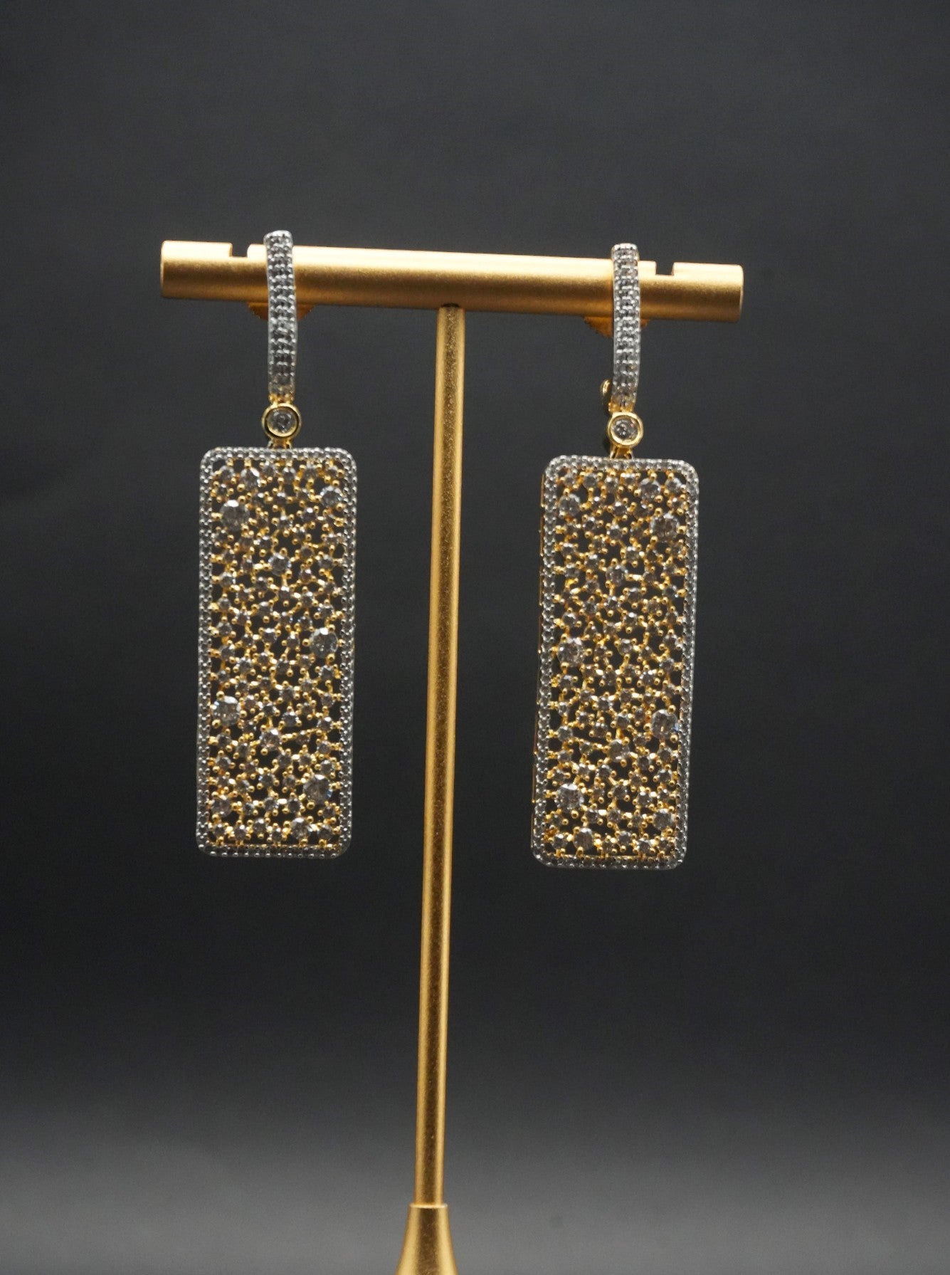 Elegant Gold coated and Silver Rectangular Dangle Earrings with Intricate Crystal Detailing