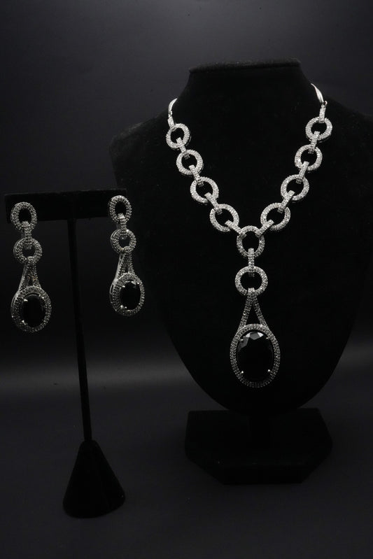 Luxurious Teardrop Black stone Silver Necklace and Earrings Set