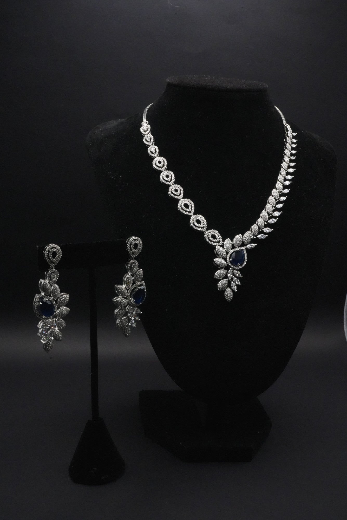 Sapphire and CZ Crystals Leaf Ensemble
