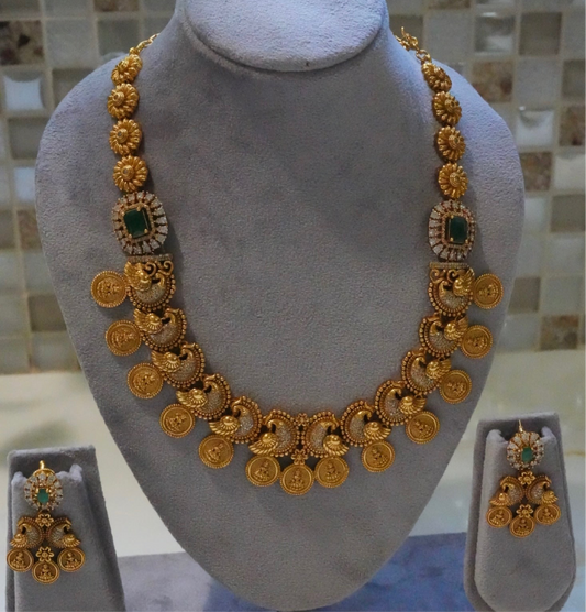 Traditional Green Stone & Gold Peacock Coin Necklace Set
