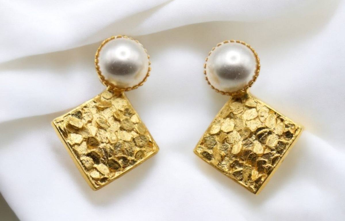 Elegant Gold Coated Floral Relief Earrings with Pearl Accent