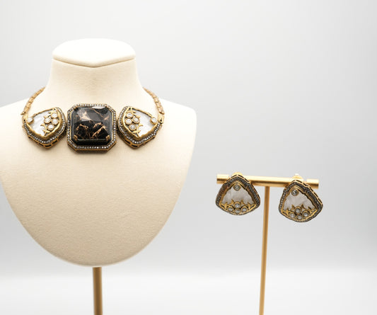 Elegant Gold-Tone Statement Necklace and Earring Set with Mother-of-Pearl and Black Stone Accents