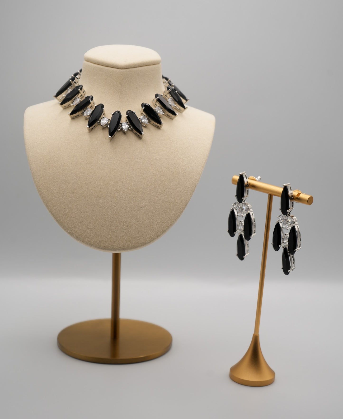 Modern Black Crystal and Clear Crystal Necklace and Earring Set