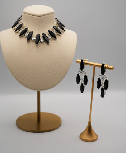Modern Black Crystal and Clear Crystal Necklace and Earring Set