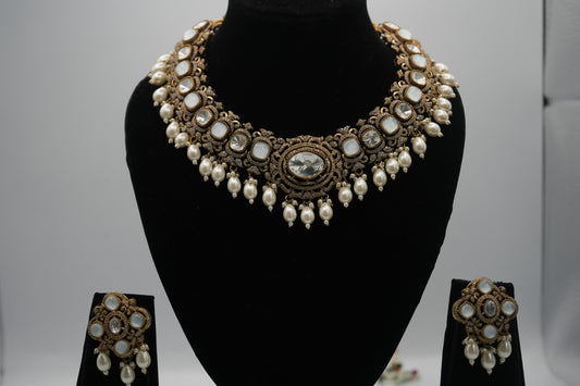 Ivory Empress: Polki Kundan and Pearl Statement Necklace & Earring Set