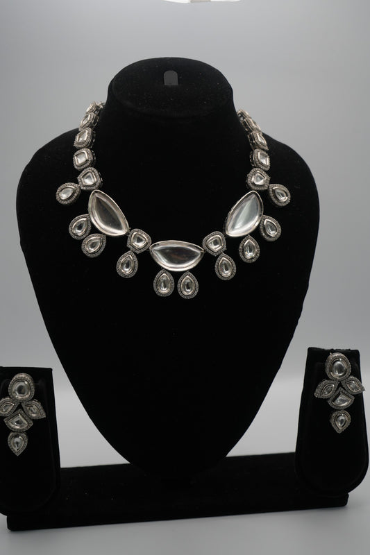 Ethereal Radiance: Polki Kundan Silver-Plated Necklace & Earring Set