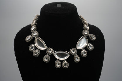 Ethereal Radiance: Polki Kundan Silver-Plated Necklace & Earring Set