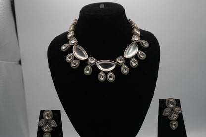 Ethereal Radiance: Polki Kundan Silver-Plated Necklace & Earring Set