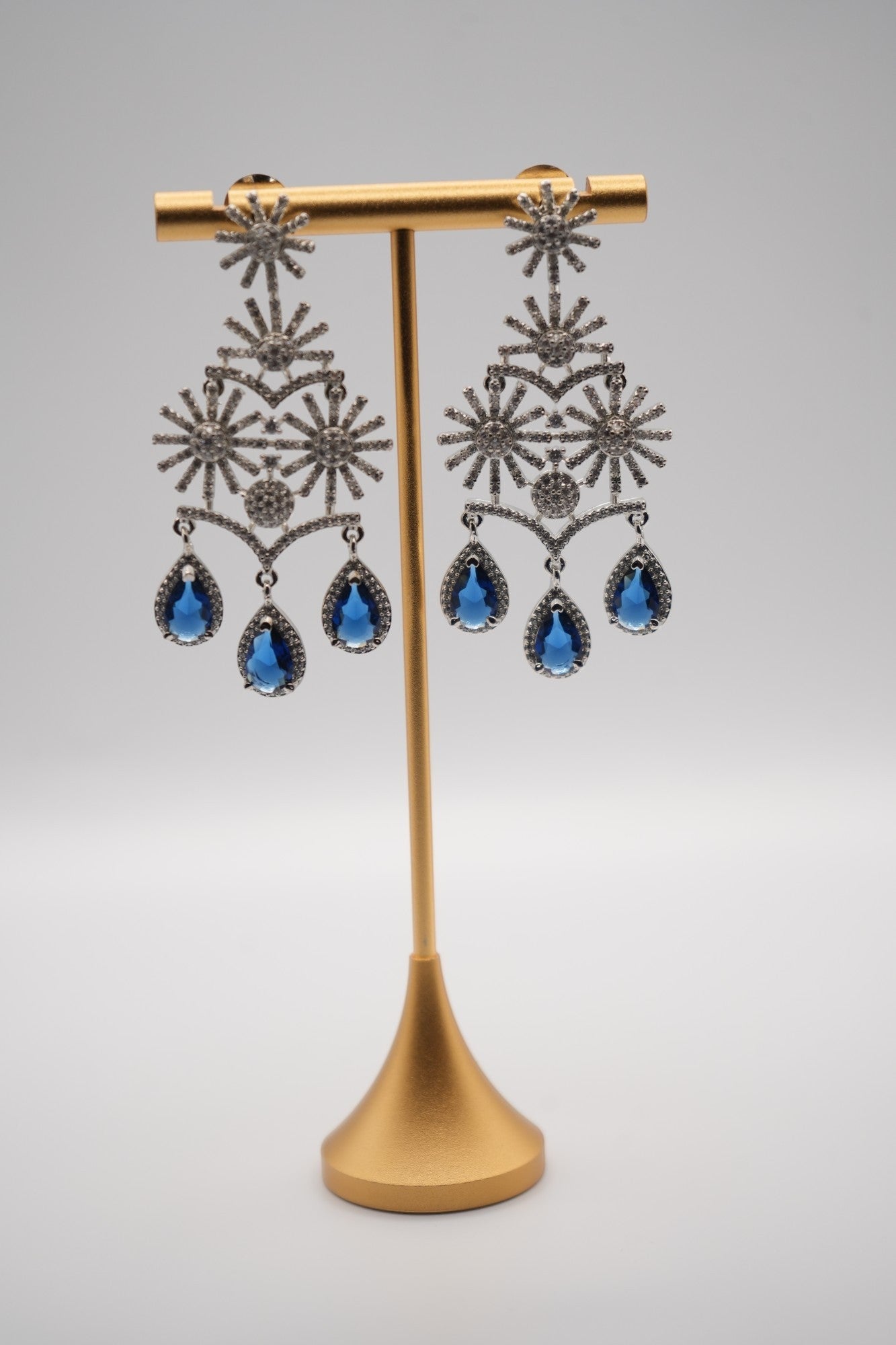 Celestial Cascade: Crystal and Sapphire Drop Earrings